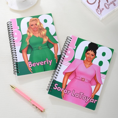 Personalized Character Pink and Green Sorority Journal with Name, A5 Planner Notebook, Sisterhood Keepsake, Birthday/Christmas Gift for Women/Girls