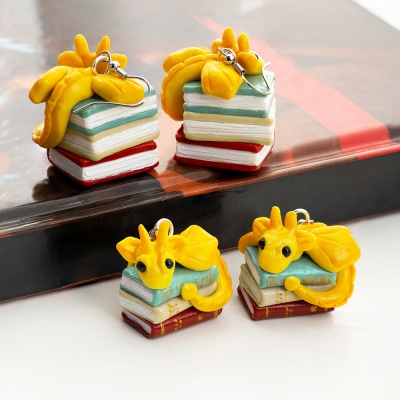 Golden Miniature Book Dragon Earrings, Polymer Clay Earrings, Bookish Stack Jewellery, Jewelry for Bookworms Polymer Clay Art Hand Made without Moulds