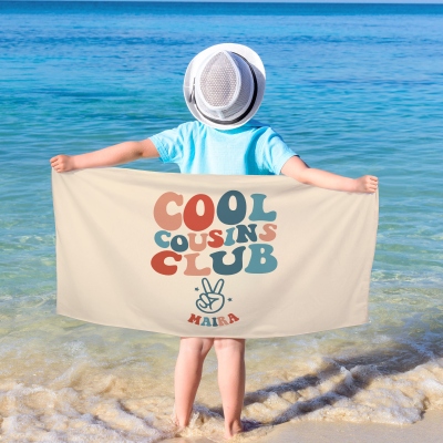 Custom Name Cool Cousins Club Beach Towel, Perfect for Family Outings, Quick-Dry Lightweight Travel Towel, Fun Summer Gift for Kids/Grandkids/Cousins