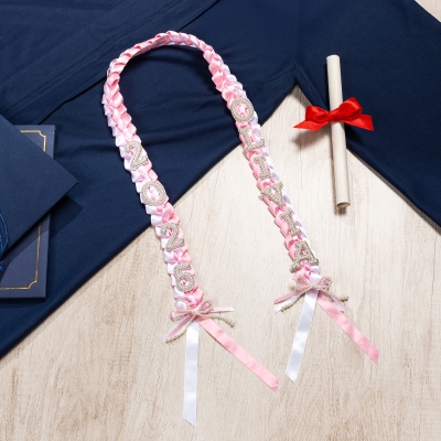 Personalized Glitter Name Graduation Lei, Satin Braided Lei for Senior Night/Awards Ceremony, Open Colorblock Lei, Gift for Graduates/Students
