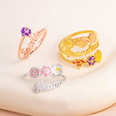 Personalized 1-6 Enamel Birth Flowers Ring with Name, Sterling Silver 925 Adjustable Floral Ring, Birthday/Mother's Day Gift for Her/Mom/Wife/Grandma