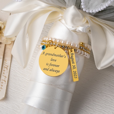Personalized Text & Date Shell Pearl Bridal Bouquet Charm with Blue Crystal, Something Blue for the Bride, Wedding Keepsake, Wedding Gift for Brides