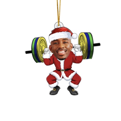Custom Face Photo Weightlifting Santa Claus Ornament, Acrylic Christmas Tree Hanging Decor, Christmas Gift for Weightlifting Lover/Fitness Enthusiast