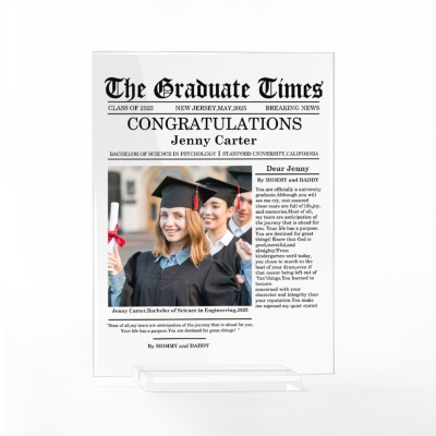 Custom Name & Photo Graduation Newspaper Style Plaque with Base, Acrylic Photo Plate, Graduation Keepsake, Home Decor, Memorial Gift for Graduates