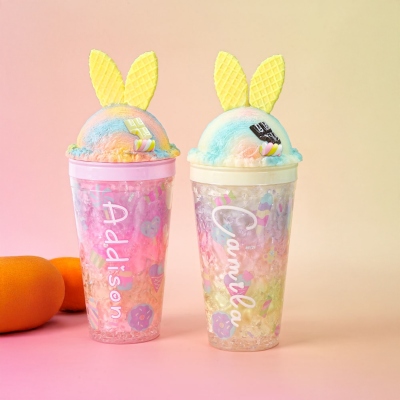 Personalized Name Waffle Rabbit Ice Cream Cup, Cute Bunny Leak-Proof 15oz Water Bottle with Straw, Easter/Birthday/Christmas Gift for Kids/Boys/Girls