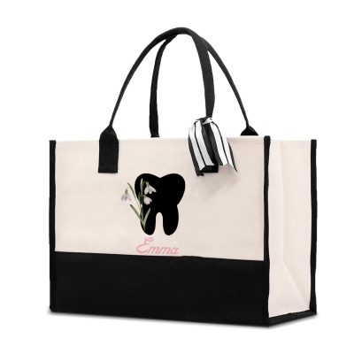 Personalized Name Birth Flower Tooth Design Tote Bag, Large Capacity Canvas Handbag with Ribbon, Birthday/Anniversary/Appreciation Gift for Dentists