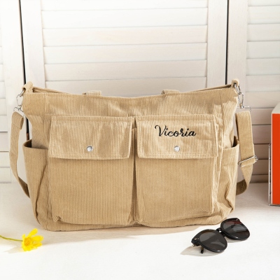 Personalized Name Embroidered Corduroy Tote Bag, Women's Large Capacity Crossbody Shoulder Bag with Zipper & Pockets, Gift for Her/Mom/Friends