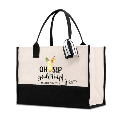 Personalized Name Oh Sip Girls Trip Tote Bag, Large Capacity Canvas Handbag with Ribbon, Girls Travel Accessory, Vacation Gift for Women/Girls/Besties