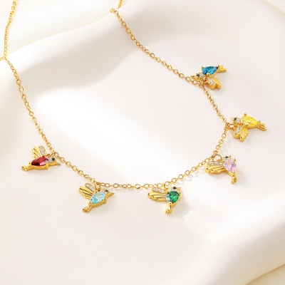 Personalized 1-8 Hummingbirds Necklace with Birthstones, Sterling Silver 925 Family Jewelry, Birthday/Mother's Day/Christmas Gift for Her/Mom/Women