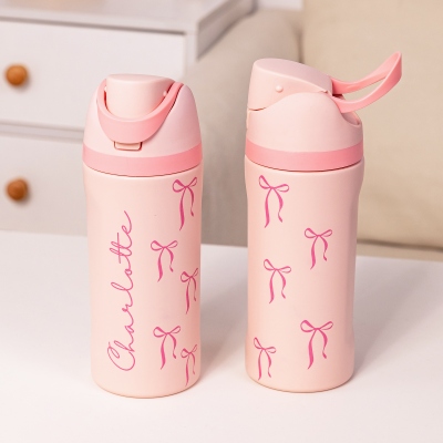 Personalized Name Pink Coquette Bows Water Bottle, Stainless Steel 24oz Tumbler with Straw & Handle, Birthday/Christmas Gift for Women/Girls