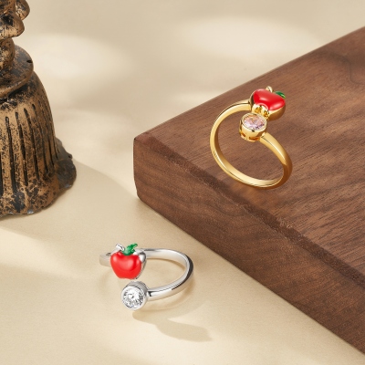 Personalized Apple Teacher's Ring with Birthstone, Adjustable Open Ring, Teacher's Day/Back to School/Birthday Gift for Teachers/Educators