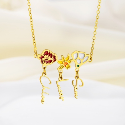 Personalized 1-5 Enamel Birth Flowers Necklace with Names, Family Flower Bouquet Jewelry, Birthday/Mother's Day/Christmas Gift for Her/Mom/Grandma