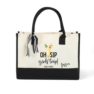 Personalized Name Oh Sip Girls Trip Tote Bag, Large Capacity Canvas Handbag with Ribbon, Girls Travel Accessory, Vacation Gift for Women/Girls/Besties
