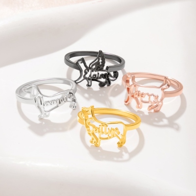 Personalized Name Pet Silhouette Ring with Angel Wings, Sterling Silver 925 Dainty Pet Memorial Jewelry, Birthday/Anniversary Gift for Pet Lovers