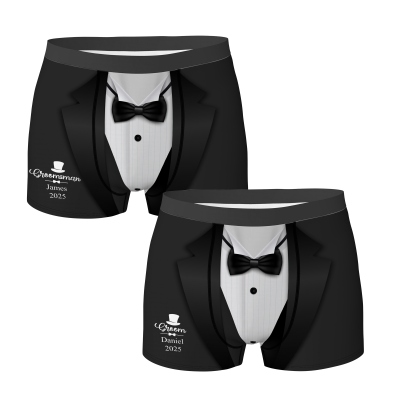 Personalized Name Groom/Groomsman Tuxedo Design Boxer Briefs, Funny Men's Underwear, Valentine's Day/Wedding Gift for Husband/Boyfriend/Groomsmen