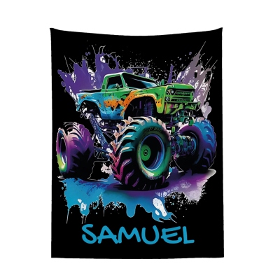 Personalized Name Monster Truck Blanket, Flannel/Sherpa Soft Bed Couch Throw, Bedroom Home Decor, Birthday/Christmas Gift for Kids/Teens/Boys