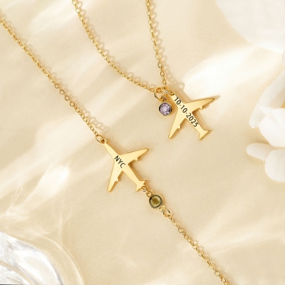 Custom Engraved Airplane Pendant Necklace with Birthstone, Sterling Silver 925 Dainty Aviation Jewelry, Gift for Travel Lovers/Pilot Mom/Cabin Crew