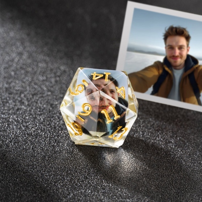 Customisable Resin D20 Dice with Photo, Add Your Own Photo, DND Boardgame Glitter Shimmer Sparkle D20, Unique Personal Gift, Customized Dice Gifts