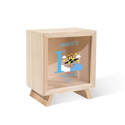 Personalized Name Cartoon Animal Design Children's First Piggy Bank, Wooden Clear Window Money Box Saving Bank, Birthday Gift for Kids/Boys/Girls