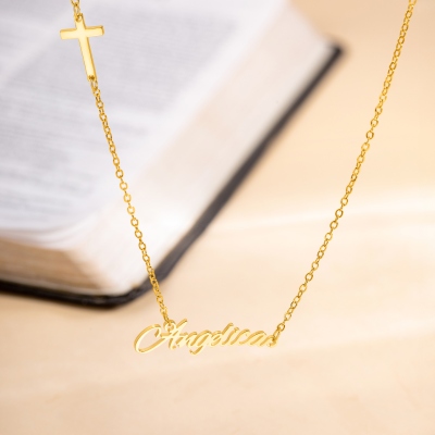 Custom Name Sideways Cross Necklace, Sterling Silver 925 Dainty Christian Jewelry, Christening/First Communion/Christmas Gift for Her/Family/Women