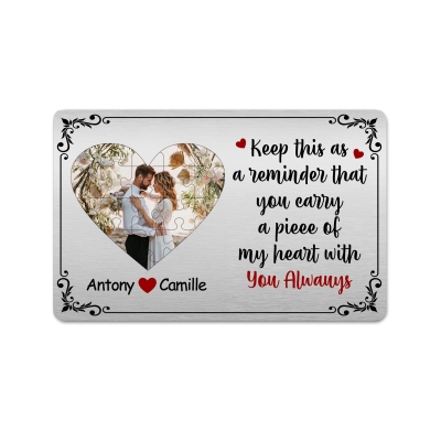 Personalized Name & Photo Keep This as a Reminder Heart Jigsaw Wallet Card, Anniversary/Valentine's Day Gift for Him/Boyfriend/Husband/Couple