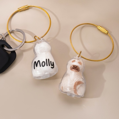 Custom Name Cat Hair Souvenir Keychain, Pet Fur Memory Cat Shaped Capsule, Clear Cat Hair Keepsake Container, Pet Memorial Gift for Cat Owners/Lovers