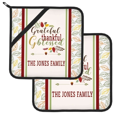 Personalized Name Thankful & Blessed Theme Pot Holders with Hanging Loops (Set of 2), Kitchen Pot Mats, Baking Cooking Utensils, Gift for Family/Chefs