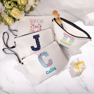 Personalized Name & Initial Stripes/Waves/Flowers/Hearts Pattern Cosmetic Bag, Linen Makeup Pouch with Wrist Strap, Gift for Her/Friends/Women