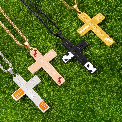 Custom Name & Number Sports Cross Necklace, Engraved Baseball Basketball Football Soccer Necklace, Sports Jewelry, Gift for Sports Lovers/Players
