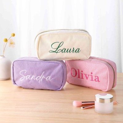 Personalized Embroidered Name Corduroy Cosmetic Bag, Custom Monogram Toiletry Makeup Bag, Bachelorette Party Favor, Gift for Her/Friends/Bridesmaid