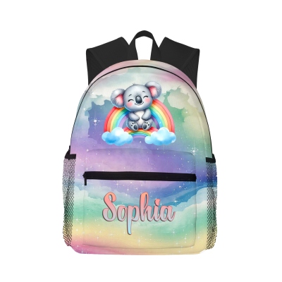 Personalized Name Cartoon Rainbow Animal Design Backpack, Oxford Cloth Large Capacity Kids' Bag with Mesh Side Pockets, Back to School Gift for Kids