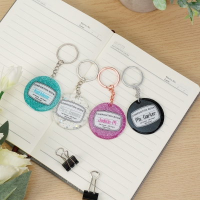 Custom Name Chunky Glitter Composition Book Design Teacher's Keychain, Acrylic Keyring, Teacher's Day/Back to School/Appreciation Gift for Teachers