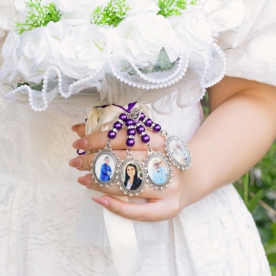 Personalized Photo/Text Bridal Bouquet Charm with Beads & Ribbon, Photo Collage Memory Charm, Something Blue Wedding Keepsake, Wedding Gift for Brides