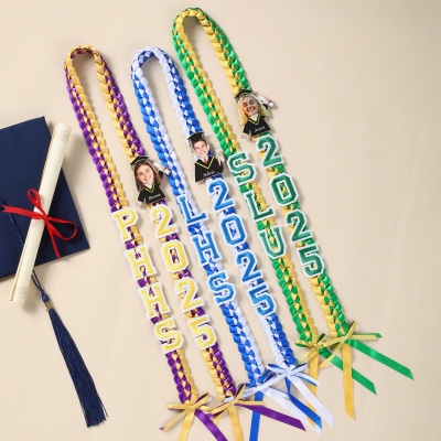Personalized Name & Photo Satin Braided Lei, Bow Ribbon Graduation Lei for Senior Night or Awards Ceremony, Open Colorblock Lei, Gift for Graduates