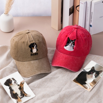 Personalized Embroidered Pet Photo Baseball Cap with Name, Vintage Pet Portrait Cotton Adjustable Trucker Hat, Gift for Dog Mom/Cat Dad/Pet Lovers
