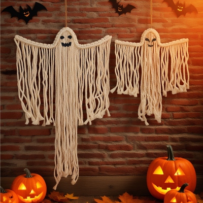 Halloween Macrame Ghost Wall Hanging with Eerie Rope Knots, Gothic Home Decoration, Autumn Festive Ornament, Halloween Gift for Family/Friends