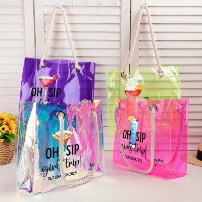 Custom Name Oh Sip Girls Trip Neon Color Tote Bag, Transparent PVC Beach Bag with Rope Handles, Travel Accessory, Vacation Gift for Besties/Girls