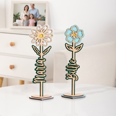 Custom Name Wooden Birth Flower Ornament with Heart Stand, 3D Flower Table Decor, Birthday/Valentine's Day/Mother's Day Gift for Wife/Mom/Grandma