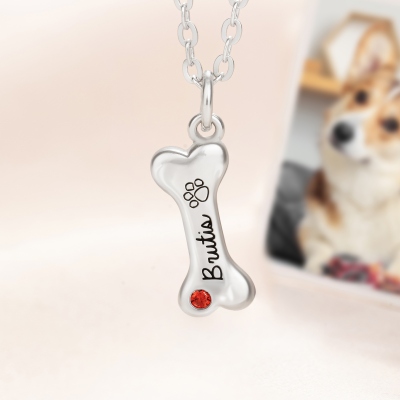 Customized 925 Sterling Silver Exquisite Bone Necklace with  Birthstone and Engraved Names, Pet Theme Jewelry, Gift for Dog Lovers