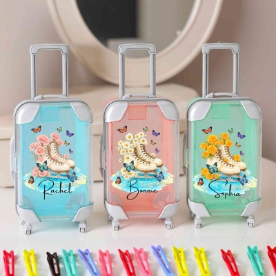 Custom Name Birth Flower Ice Skates Design Hairpin Storage Box, Girls' Makeup Mini Suitcase, Party Favor Box, Birthday Gift for Ice Skating Lovers