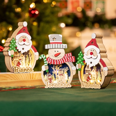 Personalized Name Santa Claus/Snowman Ornament with LED Light, Wooden Table Decor, Christmas Stocking Stuffer, Christmas Gift for Kids/Family/Friends