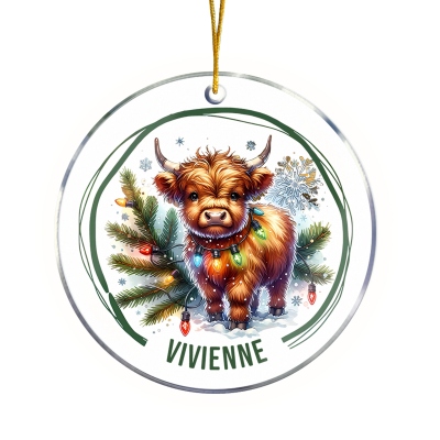 Personalized Name Christmas Highland Cow Ornament, Acrylic Christmas Tree Hanging Ornament, Holiday Home Decor, Christmas Gift for Highland Cow Lovers