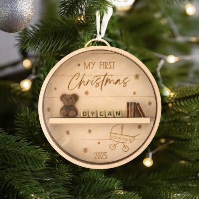 Custom Name Baby's First Christmas Ornament, Teddy Bear Bookshelf Holiday Tree Hanging Decor with Name Blocks, Christmas Gift for Newborns/New Parents