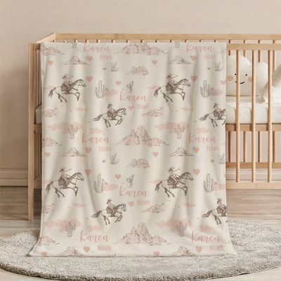 Custom Name Western Cowgirl in Desert Blanket, Flannel/Sherpa Soft Bed Couch Throw, Nursery Room Decor, Birthday/Baby Shower Gift for Mom/Baby Girl