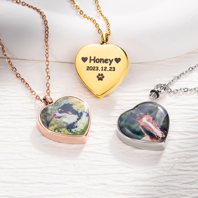 Personalized Pet Photo Heart Ashes Necklace, Name Engraved Memorial Urn Necklace, Cremation Jewelry, Sympathy/Remembrance Gifts for Pet Loss/Pet Lover