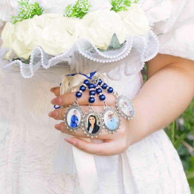 Personalized Photo/Text Bridal Bouquet Charm with Beads & Ribbon, Photo Collage Memory Charm, Something Blue Something Old, Wedding Gift for Brides