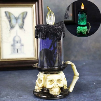 Halloween Glitter Pumpkin Candle Light, Flame Skull Night Lamp, Spooky LED Decor for Home & Parties, Halloween Gift for Family/Friends