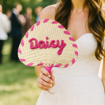 Personalized Yarn Name Woven Palm Leaf Hand Fan, Unique Handmade Fan, Boho Summer Party Decor, Bridal Shower Favor, Wedding Gift for Bridesmaids