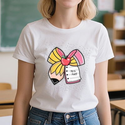 Personalized Teacher Pencil Coquette Bow T-Shirt with Name, 100% Cotton Crewneck T-Shirt, Back to School/Appreciation/Birthday Gift for Teachers