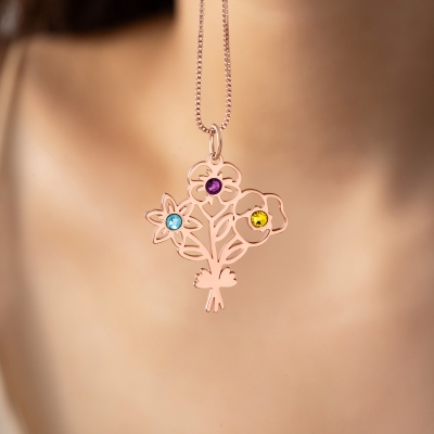 Custom Multiple Birth Flower Bouquet Necklace with Birthstone, Sterling Silver 925 Women's Jewelry, Birthday/Mother's Day Gift for Her/Mother/Grandma